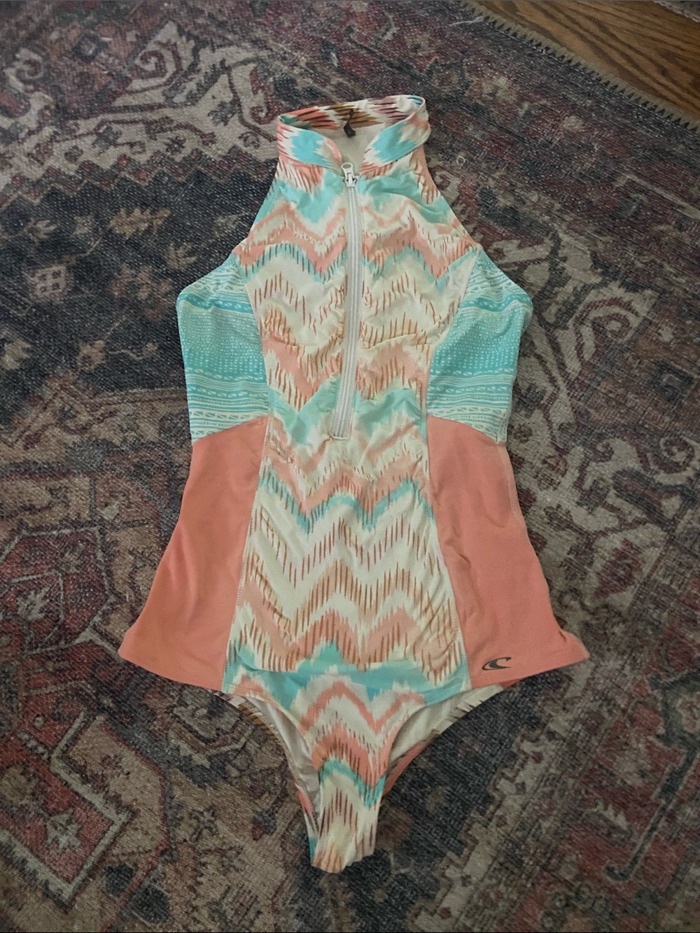 O’Neill High-Neck surf suit One-Piece Swimsuit in Coral and Aqua Pattern